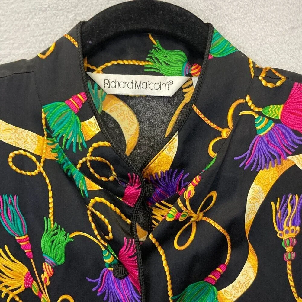 Vintage Richard Malcolm 100% Silk Blouse Sz 8 Asian Mandarin Collar Top Colorful - Picture 7 of 16